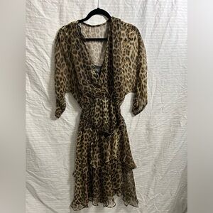 Phoebe Belted Leopard Print Sheer Lined 3/4 Sleeve Knee Length Dress Size 8